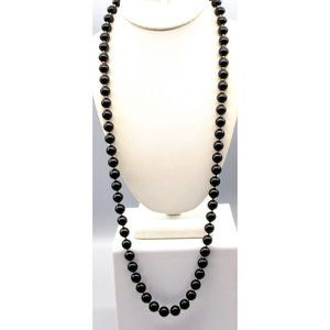 Chic Vintage Black Lucite Beads Necklace with Gold Tone Spacers and Hidden Hand